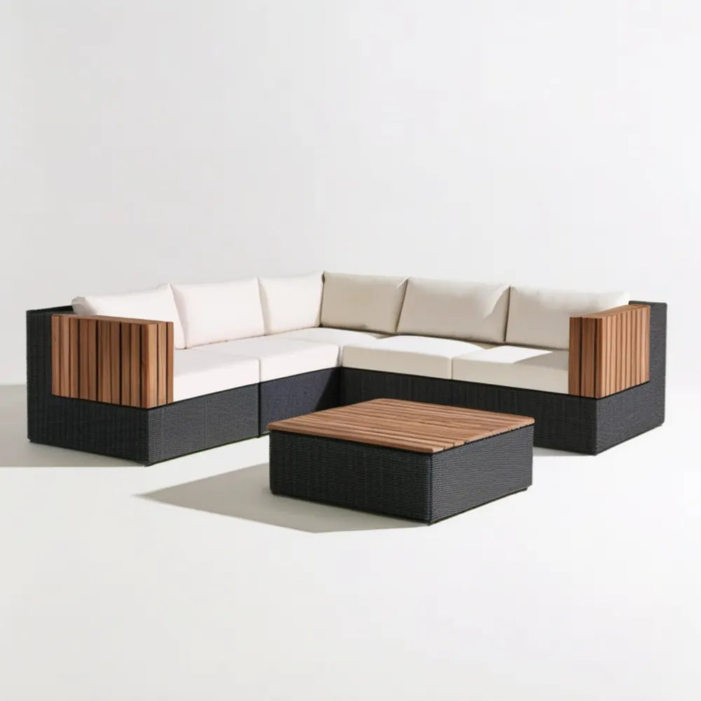 Modułowy narożnik ogrodowy z technorattanu PE i aluminium ze stolikiem 255 x 255 x 72 cm, czarny/brązowy/kremowy
