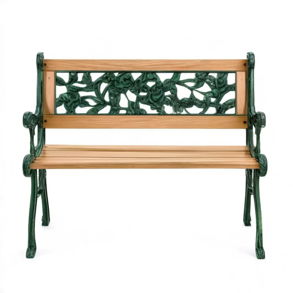 Dwuosobowa ławka ogrodowa z litego drewna i żeliwa Brązowa/Ciemnozielona 122 x 62 x 81 cm