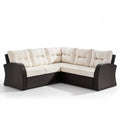 Narożna sofa ogrodowa z technorattanu PE, ciemnobrązowa z kremowymi poduszkami, 220 × 220 × 88 cm