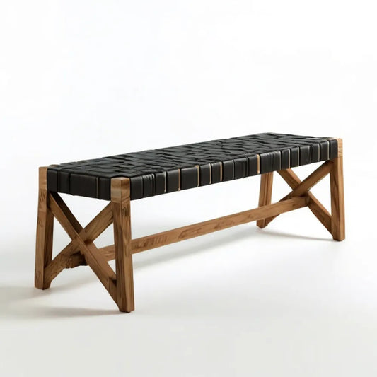 Ławka z drewna akacjowego z czarnym siedziskiem z pasów PU, 120 × 40 × 45 cm