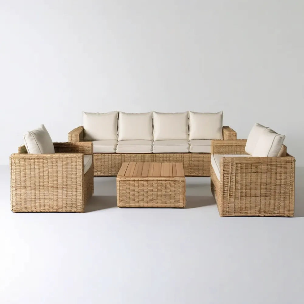 Zestaw wypoczynkowy z technorattanu Naturalny Beż/Kremowy – sofa 180 × 75 × 75 cm, 2 fotele i stolik 100 × 60 × 42 cm