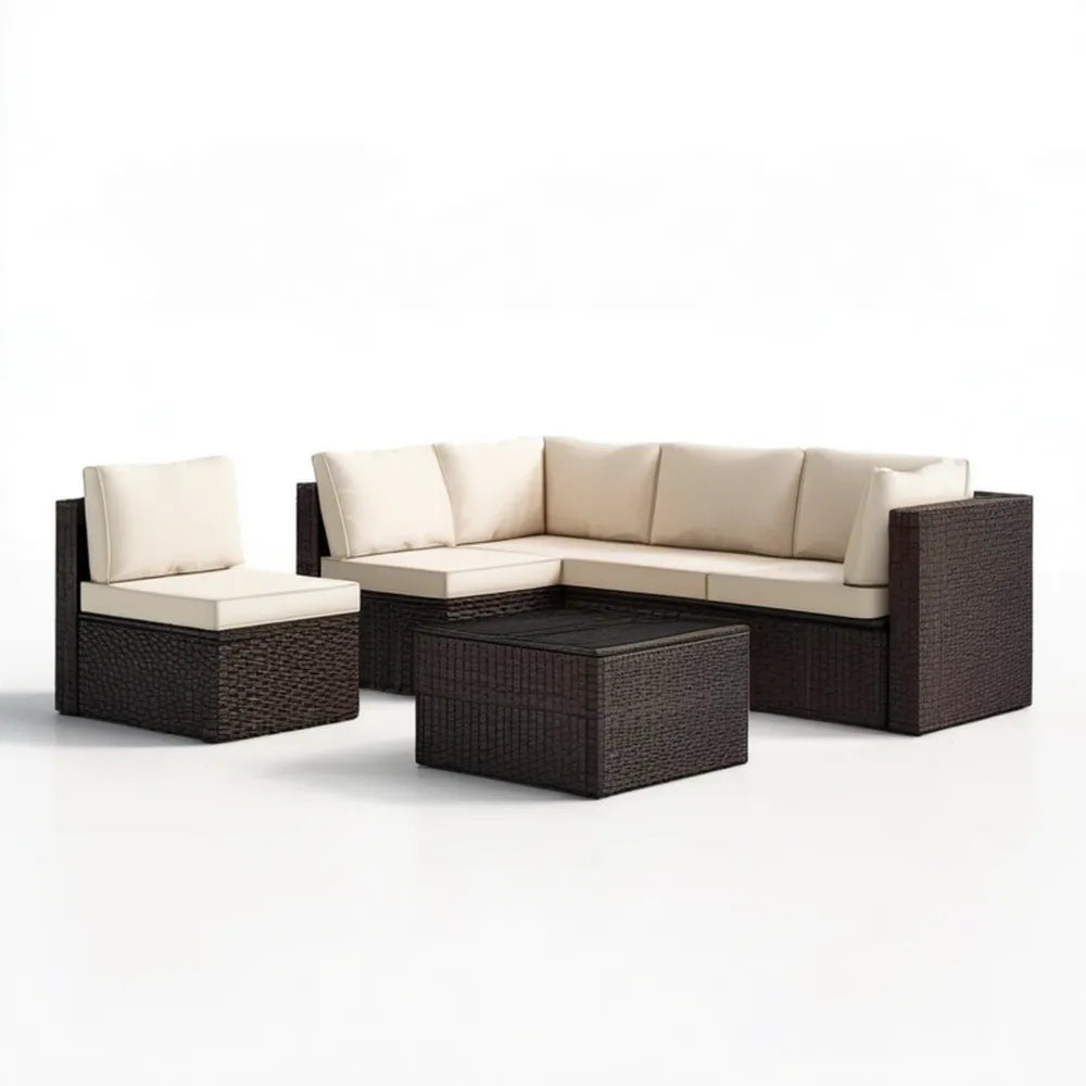 Brązowo-kremowy zestaw wypoczynkowy z technorattanu PE – sofa narożna 180 x 70 x 65 cm, fotel i stolik