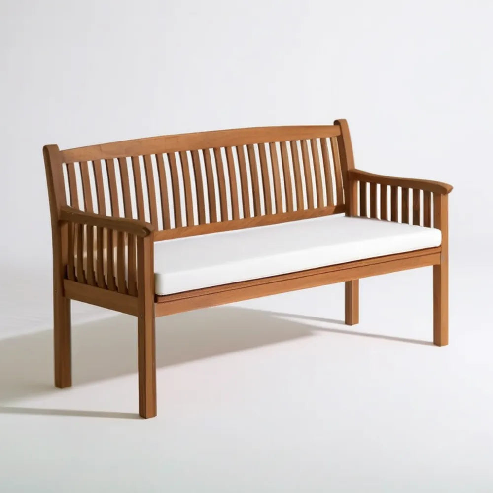 Dwuosobowa ławka ogrodowa z litego drewna akacjowego z białą poduszką, brązowa, 120 x 65 x 90 cm