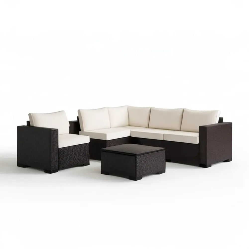 Ogrodowy zestaw wypoczynkowy z technorattanu PE, czarno-kremowy, sofa 181 × 70 × 66 cm