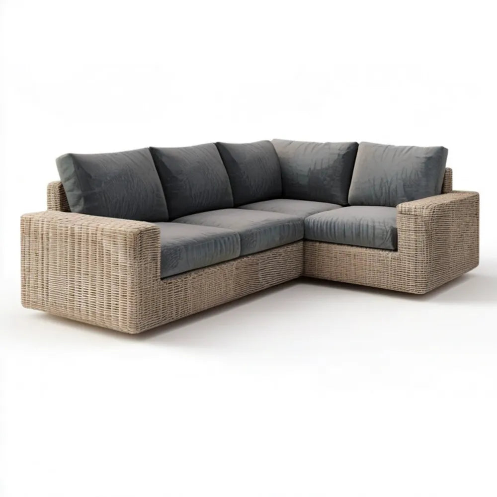 Narożna sofa ogrodowa z technorattanu w kształcie L, beżowo-ciemnoszara, 250 x 180 x 78 cm