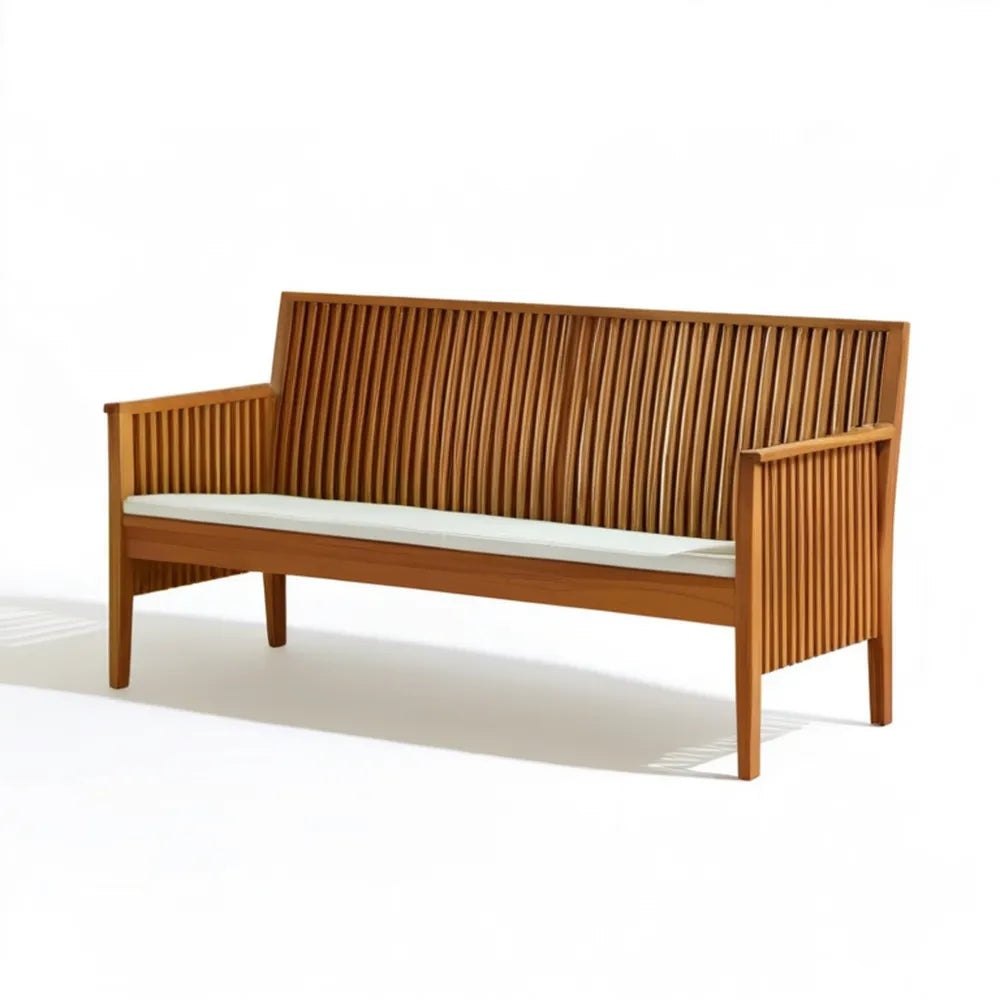3-osobowa ławka ogrodowa z litego drewna tekowego, brązowa z białą poduszką, 180 x 65 x 90 cm